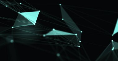 Soyut fütüristik, koyu mavi arka planda çokgen şekilli teknoloji. Dijital teknoloji konsepti tasarla. 3d illüstrasyon