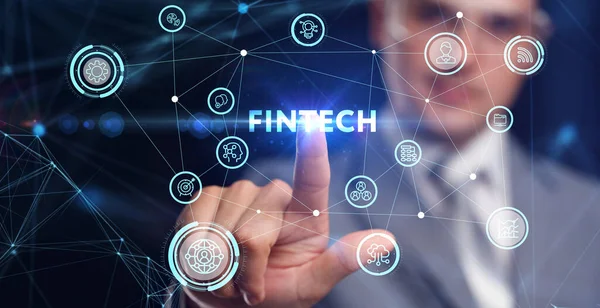 Fintech Financial Technology Conceptept Young 사업가는 디스플레이의 아이콘 Fintech — 스톡 사진