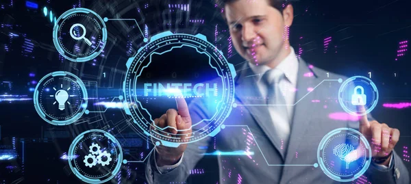 Concepção Tecnologia Fintech Financeira Jovem Empresário Seleciona Ícone Fintech Tela — Fotografia de Stock