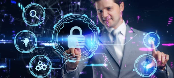 Koncepcja Prywatności Technologii Bezpieczeństwa Cybernetycznego Młody Biznesmen Wybierz Bezpieczeństwo Ikony — Zdjęcie stockowe