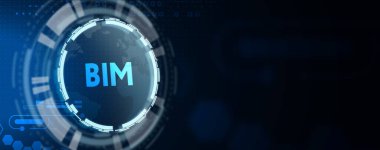 İş, teknoloji, internet ve şebeke kavramı. Geleceğin sanal ekranı ve yazıyı görüyor: BIM. 3B illüstrasyon