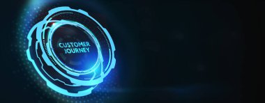 Sanal ekranda yazıt müşterisi yolculuğu. Business Technology İnternet ve ağ konsepti. 3B illüstrasyon