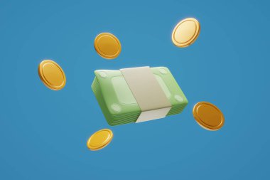 Mavi arka planda nakit para ve yüzen para desteleri var. Para biriktiriyorum. Nakitsiz toplum konsepti. 3d illüstrasyon