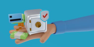 İçinde bozuk paralar ve dolar desteleri olan bir kasa. 3D illüstrasyon. İş konsepti tasarruf etmek, pazarlık yapmak..