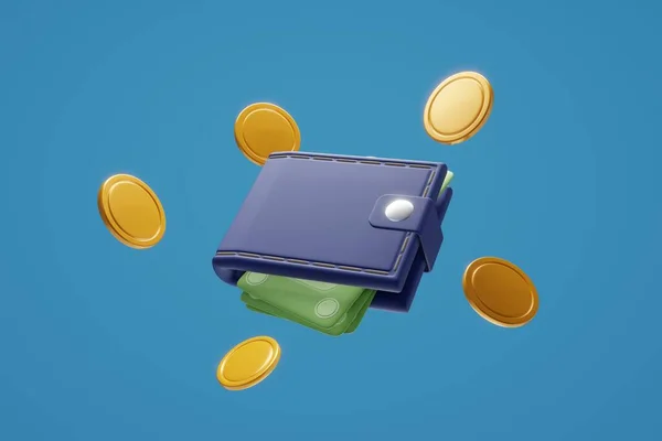 ドル札とコイン 青の背景にオンライン決済 3Dイラスト — ストック写真