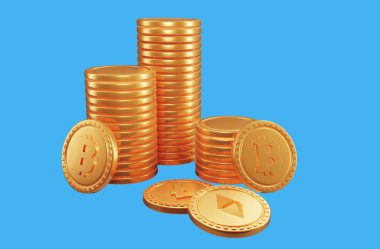 Bitcoins şifreli para yığını. 3d resimleme