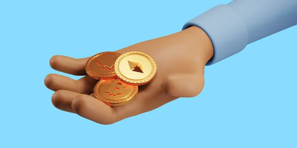 Render Close Hand Holding Coins Bitcoin Cryptocurrency Illustration — Stock Photo, Image