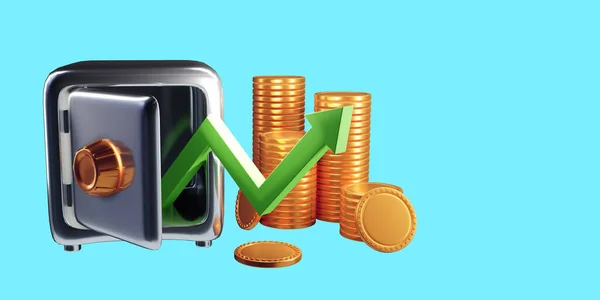 Up arrow and coin stacks. Financial success and growth concept. 3d render illustration