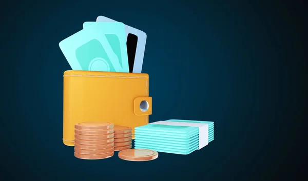 3D Money Saving icon concept. Wallet, bill, coins stack. 3d illustration