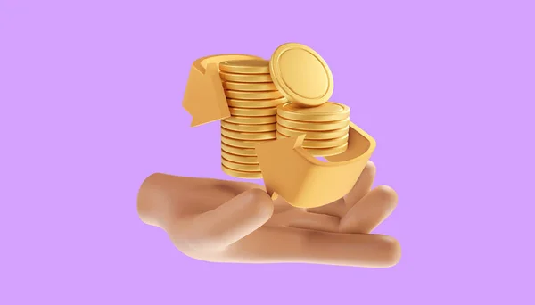 手持ちのコインスタック キャッシュバックと返金アイコンの概念 3Dイラスト — ストック写真