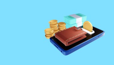 Akıllı telefondan çevrimiçi işlem, para gönderme ve online ödeme konsepti. 3d illüstrasyon