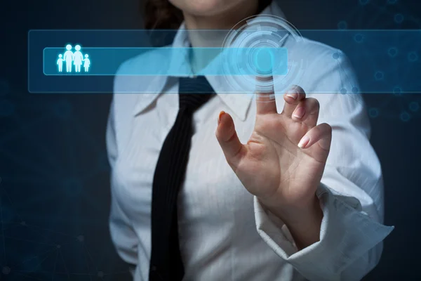 Young business woman pressing a different button collection — Stock Photo, Image