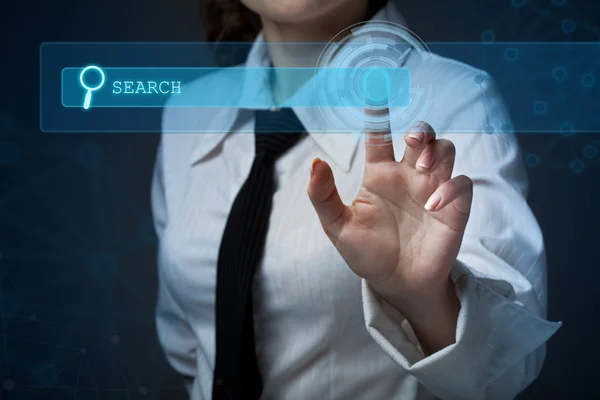 Young business woman pressing a different button collection — Stock Photo, Image