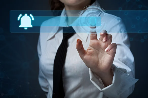 Young business woman pressing a different button collection — Stock Photo, Image