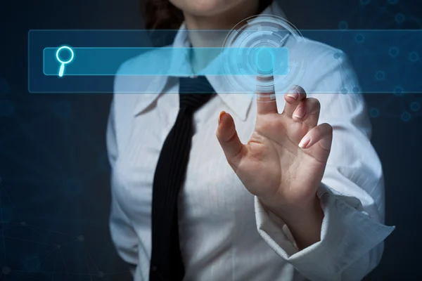 Young business woman pressing a different button collection — Stock Photo, Image