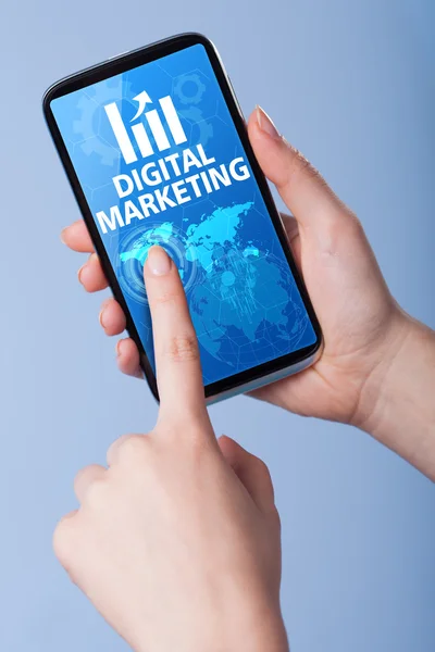 Man presses a touch screen smart phone with the symbol of an dig — Stock Photo, Image