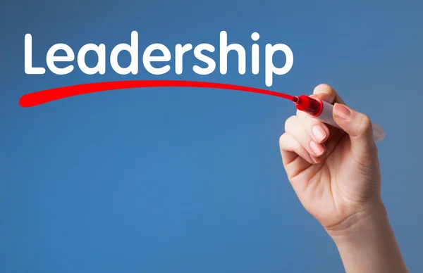 Hand writing Leadership red marker on transparent wipe board.Bus — Stock Photo, Image