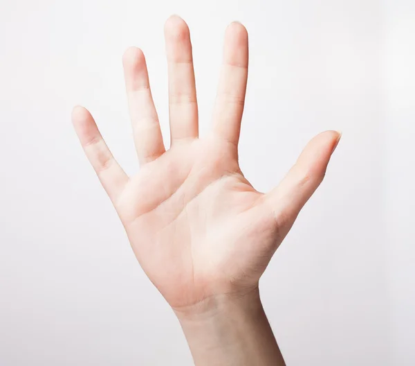 Female hand is showing five fingers isolated on white background — Stock Photo, Image