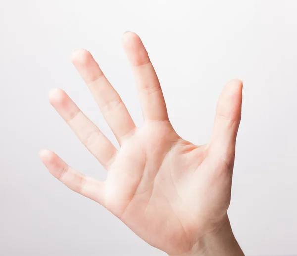 Mão feminina está mostrando cinco dedos isolados em fundo branco — Fotografia de Stock