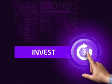 Invest.Businessman sanal ekran üzerinde bir düğmeye basmadan. Busin