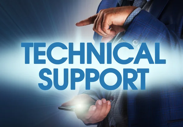 Businessman presses button technical support on virtual screens. — Stock Photo, Image