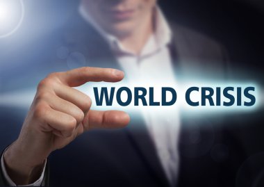 Businessman presses button world crisis on virtual screens. Busi