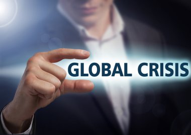 Businessman presses button global crisis on virtual screens. Bus