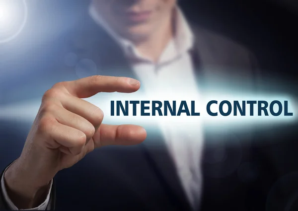 Businessman presses button internal control on virtual screens. — Stock Photo, Image