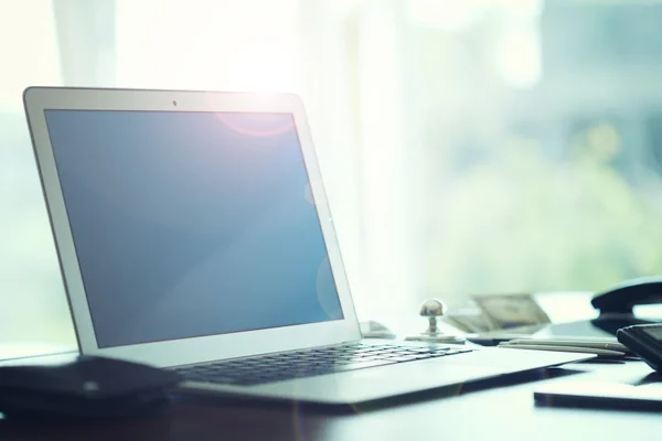 Business Technologies. Workplace with open laptop on modern wooden desk. — Stock Photo, Image