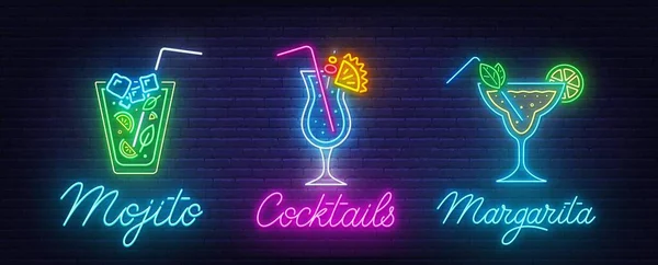 Cocktail Margarita, azul havaiano e Mojito sinal de néon no fundo da parede de tijolo. —  Vetores de Stock