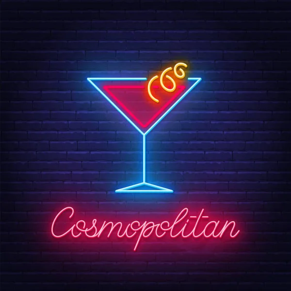 Cocktail Cosmopolitan neon sign on brick wall background. — Stock Vector