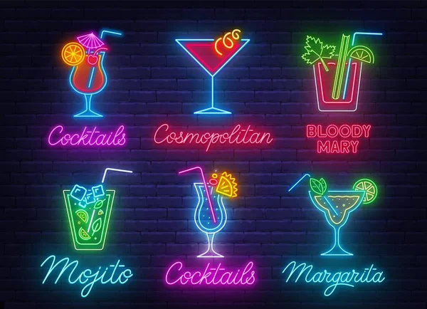 Cocktail Margarita, Blue Hawaiian, Mojito, Bloody Mary, Cosmopolitan and Tequila sunrise neon on sign on brick wall background. — 스톡 벡터