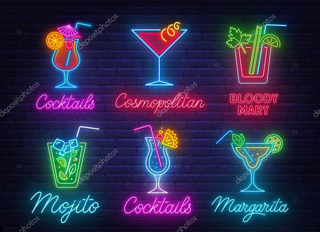 Cocktail Margarita, Blue Hawaiian,Mojito,Bloody Mary, Cosmopolitan and Tequila sunrise neon sign on brick wall background .