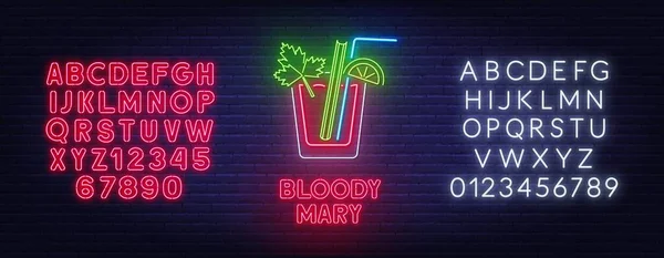 Cocktail Bloody Mary neon sign on brick wall background. — Stock Vector