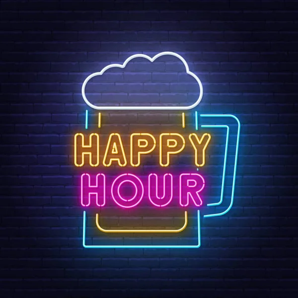 Happy Hour sinal de néon no fundo da parede de tijolo. —  Vetores de Stock