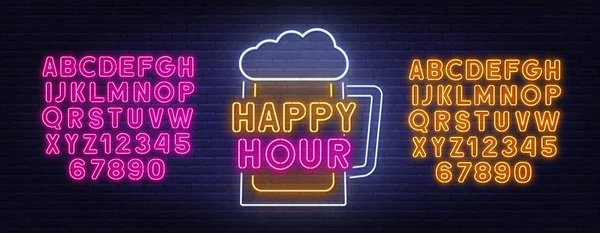 Happy Hour neon sign pada latar belakang dinding bata. - Stok Vektor