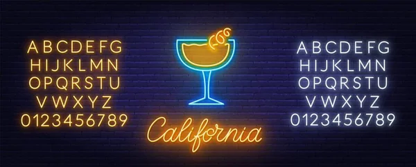 Cocktail California insegna al neon su sfondo muro di mattoni. — Vettoriale Stock