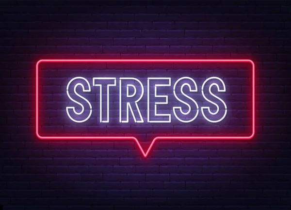 Stress neon teken op baksteen muur achtergrond. — Stockvector