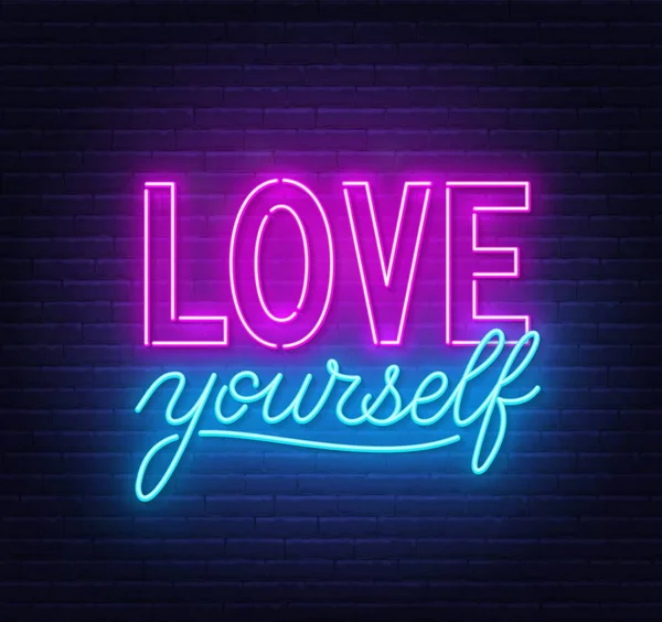 Love yourself neon inspirational quote on a brick wall. — Stock Vector