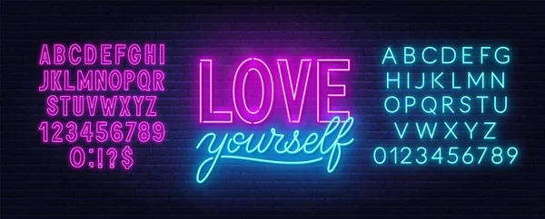 Lieben Sie sich selbst Neon inspirierende Zitat auf einer Ziegelwand. — Stockvektor