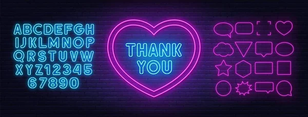 Köszönöm neon jel szív alakú keretben. Kék neon ábécék és rózsaszín beszéd buborék keret. — Stock Vector