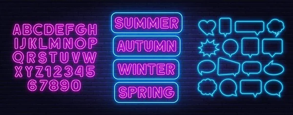 Summer, spring, autumn and winter neon signs on brick wall background. — Stock Vector