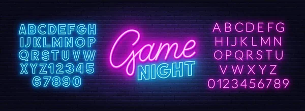 Game night neon sign on brick wall background. Neon blue and pink alphabet. — Stock Vector