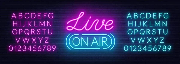 Live on air neon znak na tle ściany z cegły. — Wektor stockowy