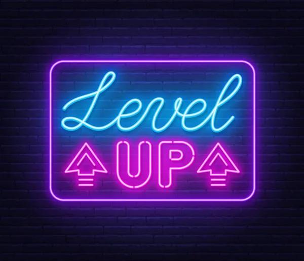 Level up neon teken op baksteen muur achtergrond. — Stockvector