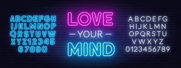 Love Your Mind Neon-Zitat auf Backstein-Hintergrund. — Stockvektor