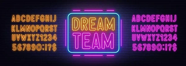 Dream Team segno al neon su sfondo muro di mattoni. — Vettoriale Stock