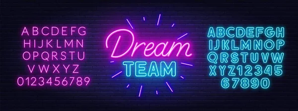 Dream Team neon teken op baksteen muur achtergrond. — Stockvector