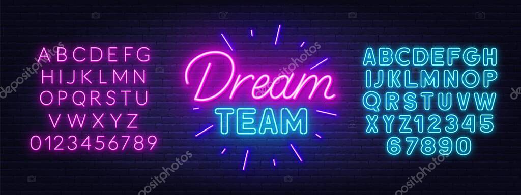 Dream Team neon sign on brick wall background. Glowing lettering. Pink and blue neon alphabets.