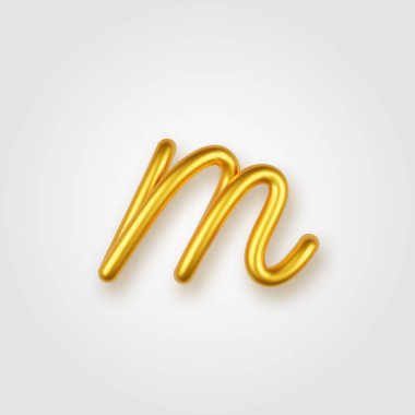Gold 3d realistic lowercase letter M on a light background.